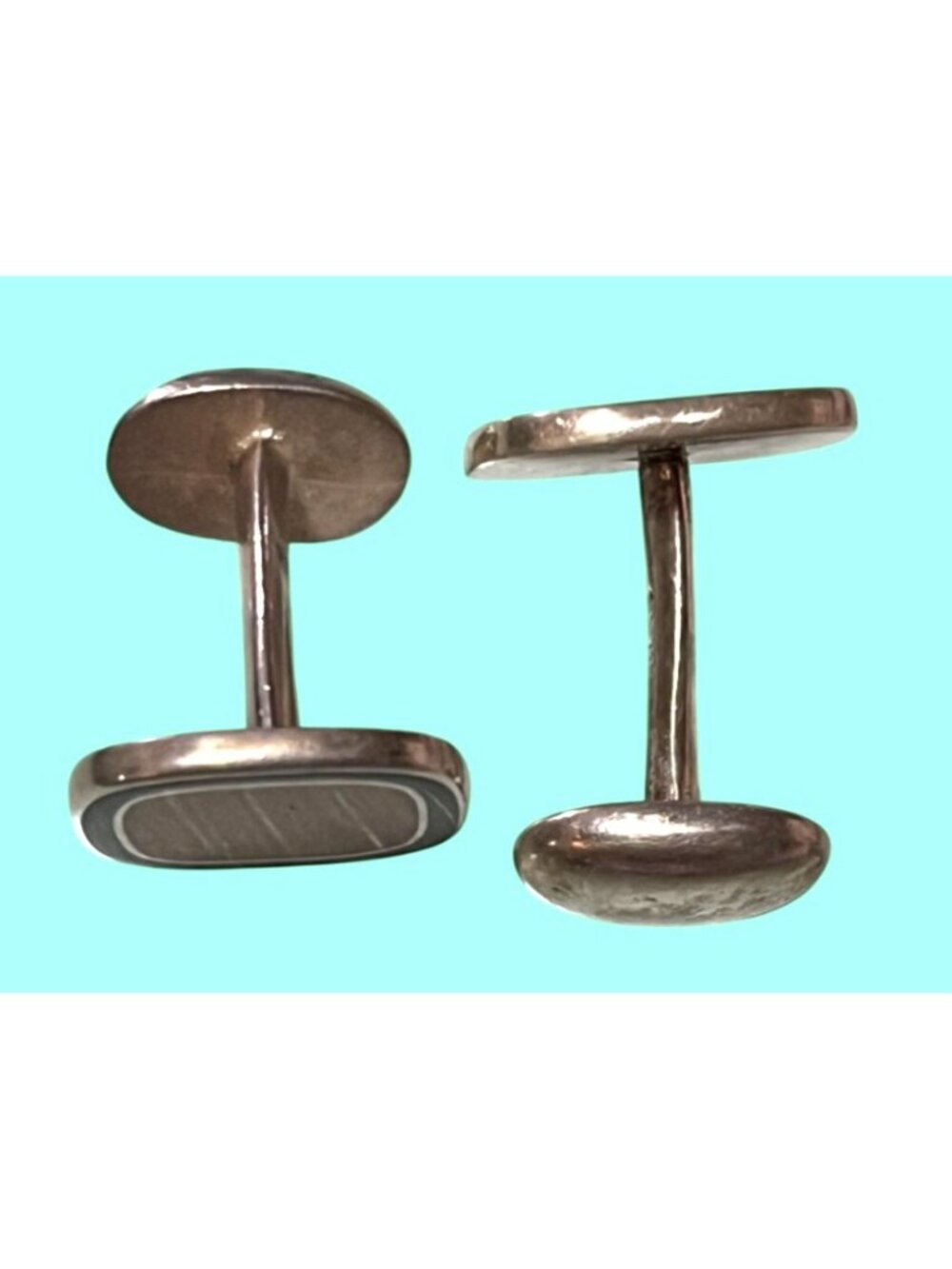 Sterling Silver Cufflinks With Geometric Amber-Colored Inlay & Black Border - Picture 6 of 6